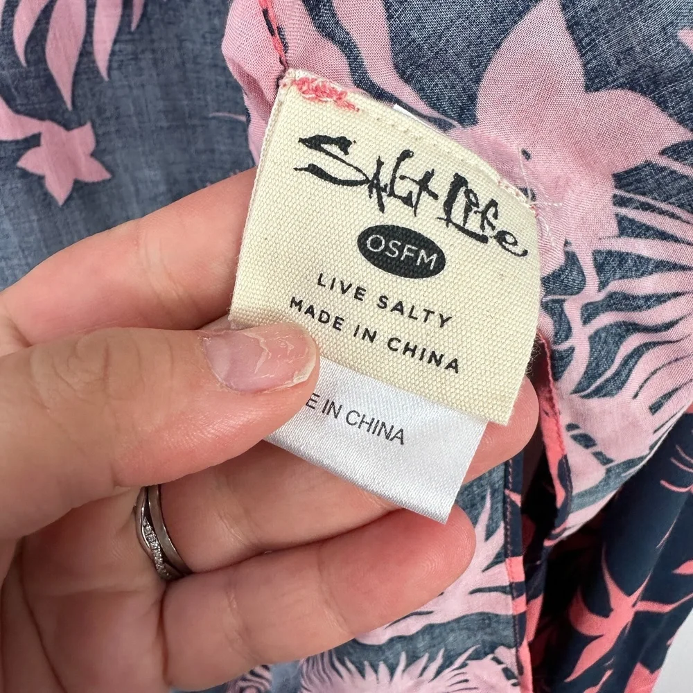 Salt Life Kimono Cover Up Womens OSFM Pink Navy Tropical Floral Tassel‎ Beach